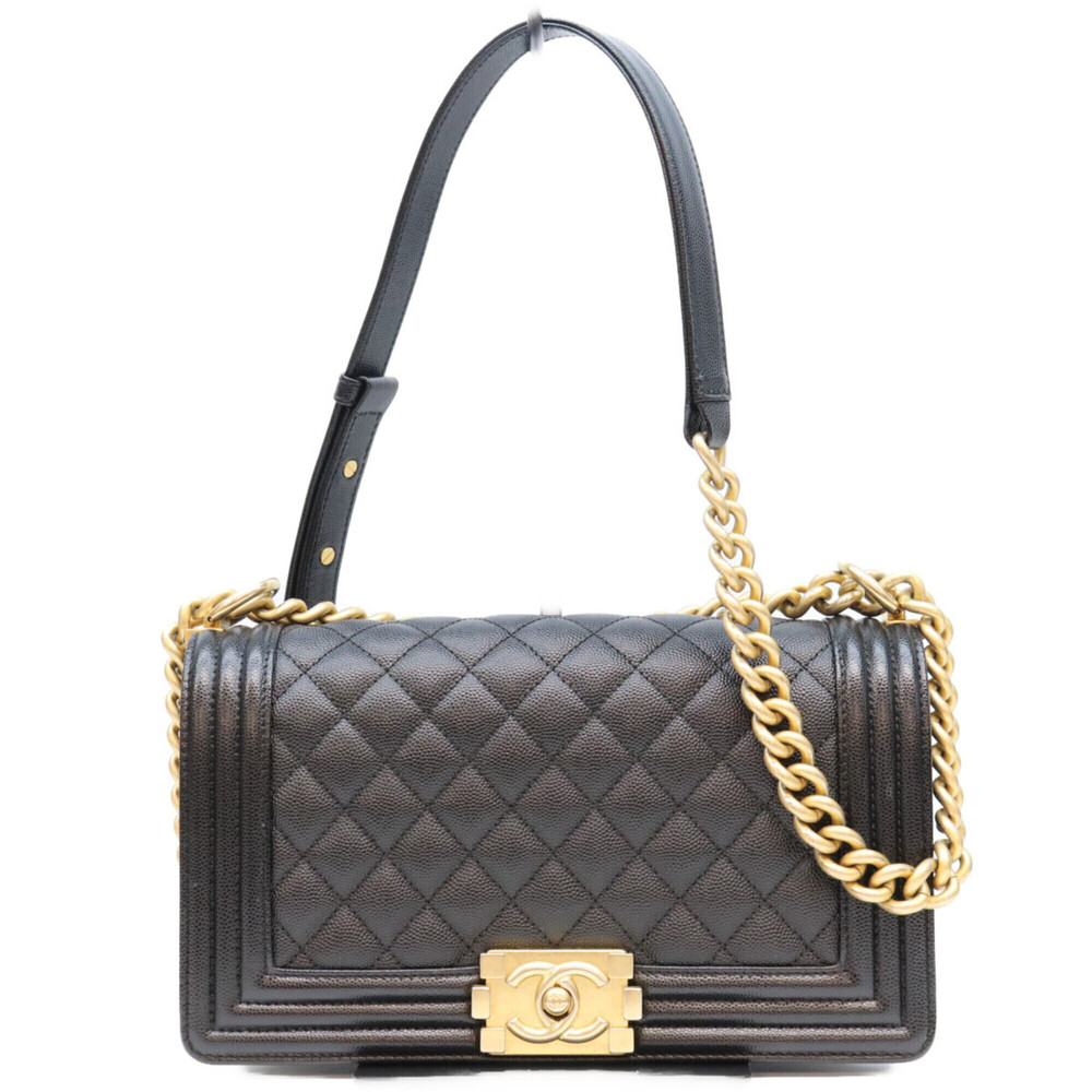 CHANEL A67086 Caviar Boy Chanel 25 Shoulder Bag, Black with Gold Hardware, Wo...